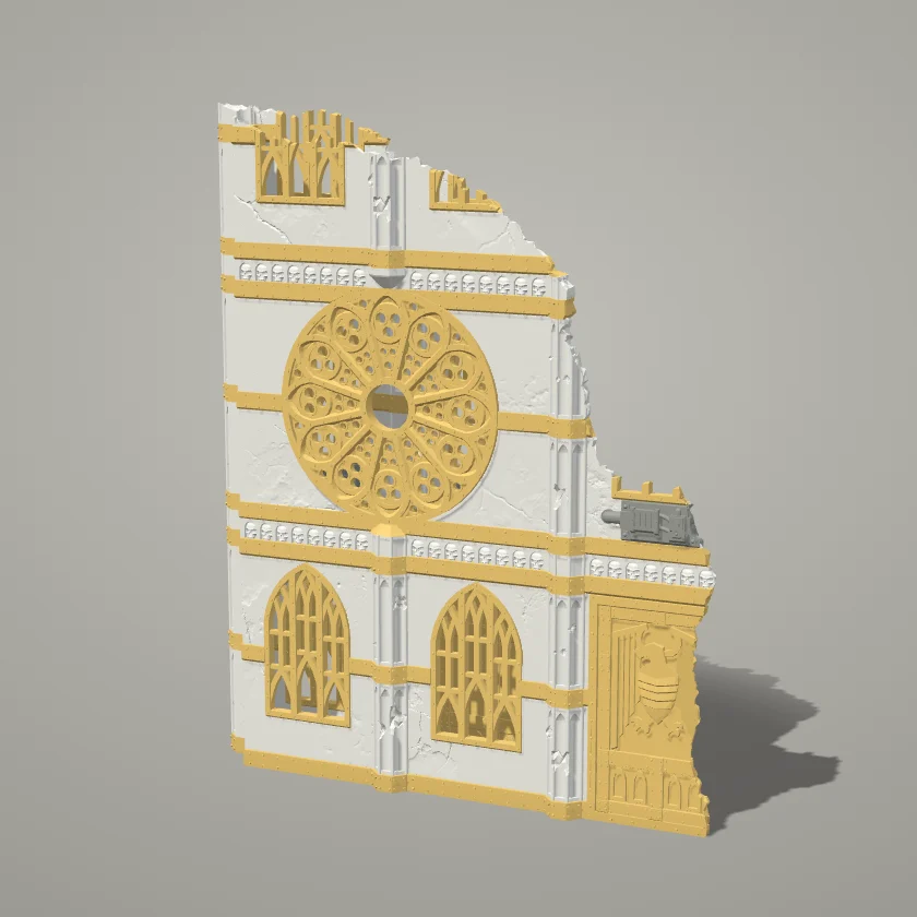 A three storey Gothic ruin printed in beige, gold and grey