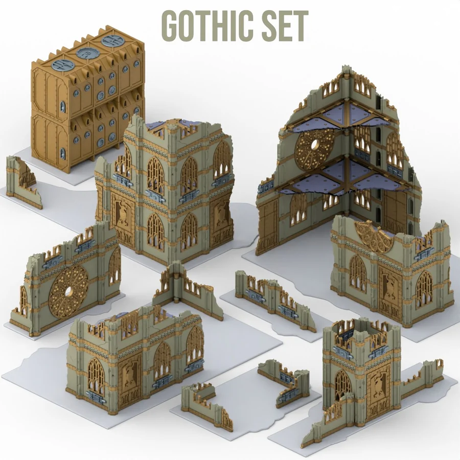 The full Gothic set: stone buildings with rose windows, ruins and containers